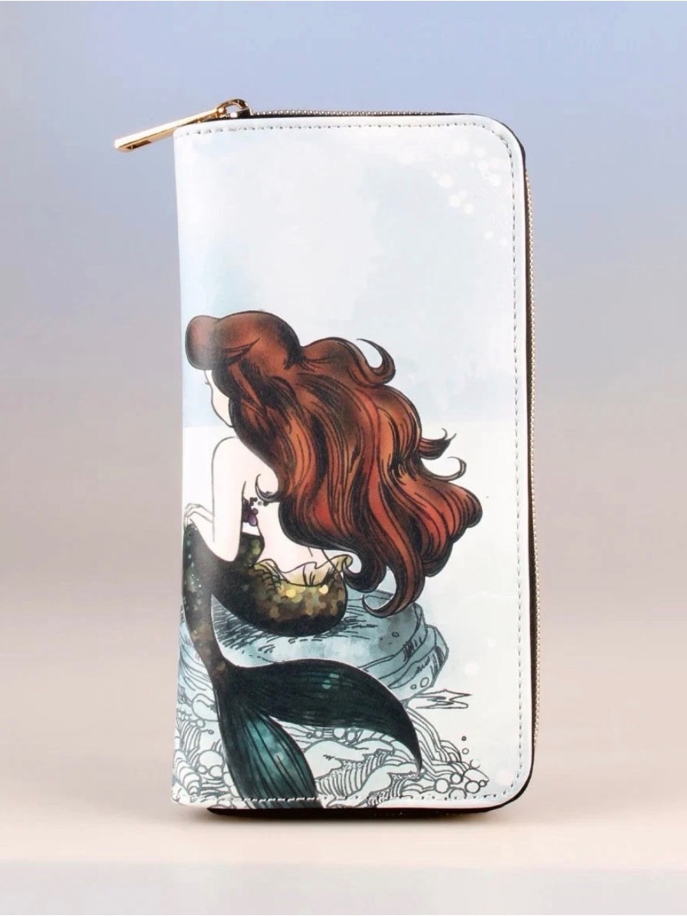 Mermaid Zip-Around Wallet with Red Hair Illustration